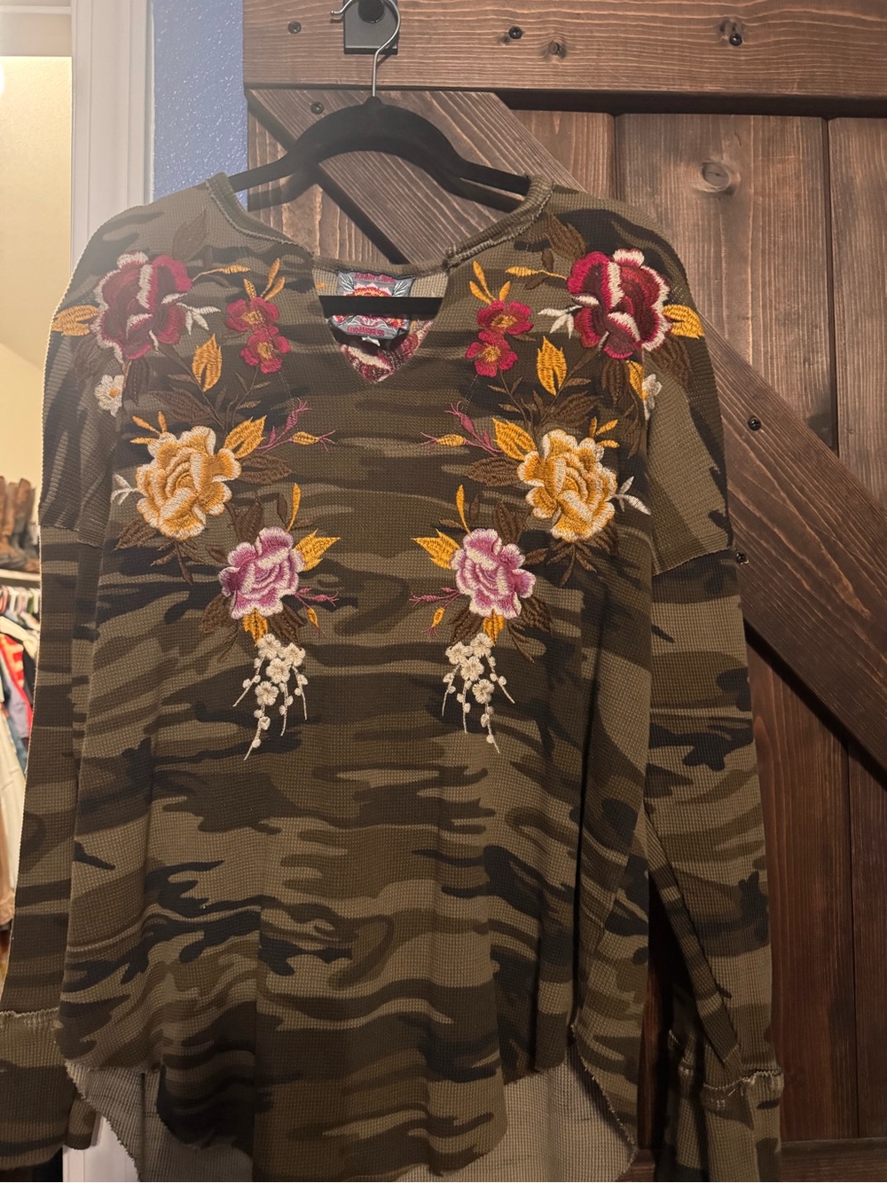 Johnny Was Olive Green Camo V-Neck Sweatshirt with Multicolor Floral Embroidery